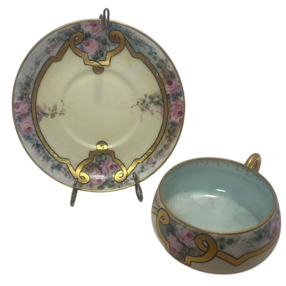 Vintage Floral Art Deco Coffee‎ Tea Cup Saucer H C Royal Bavaria With Stand